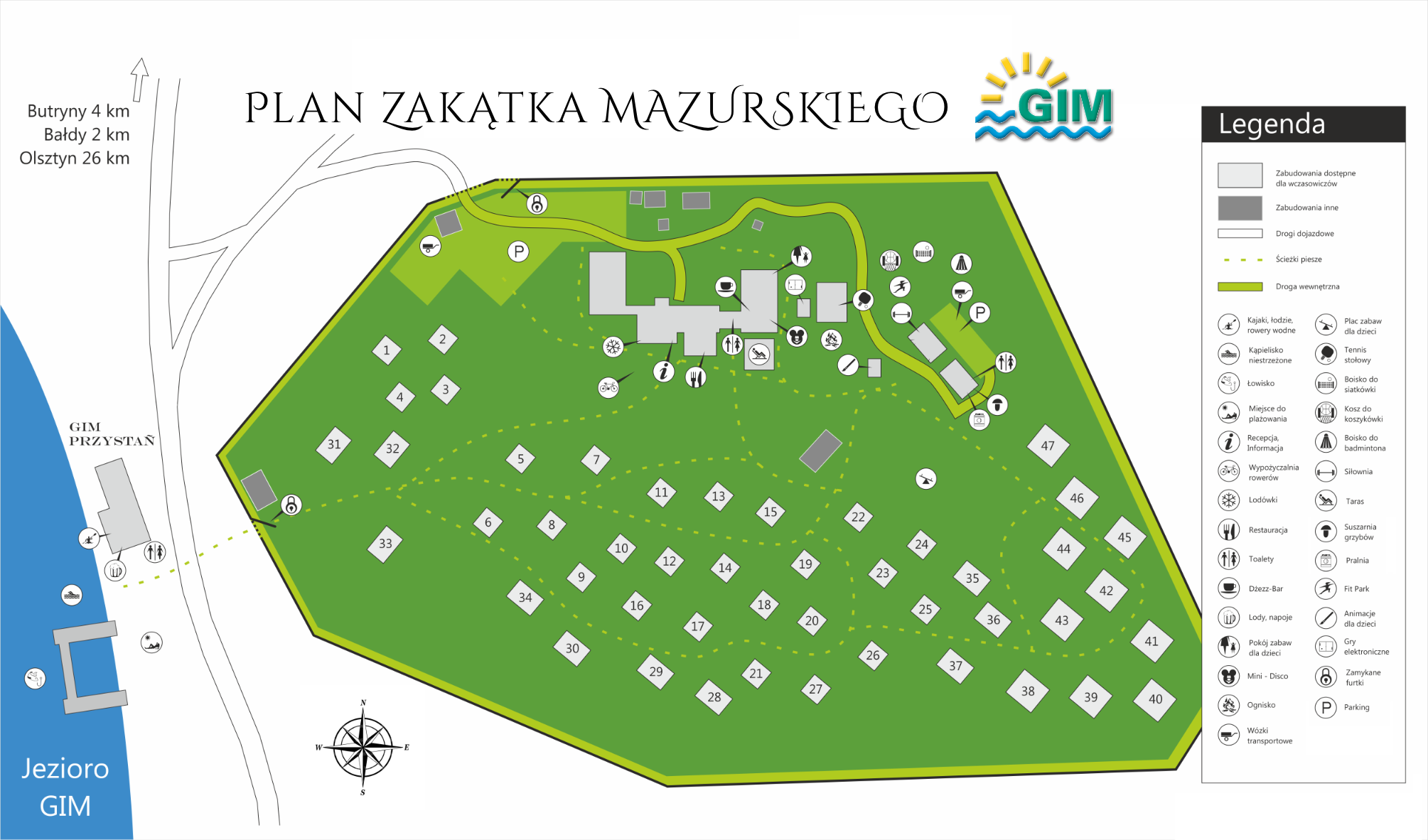 Plan terenu Zakątka Mazurskiego GIM — rozmieszczenie domków, restauracji, plaży i atrakcji